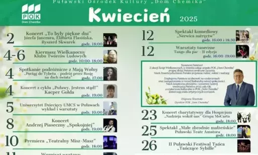 kalendarz przedstawiający wydarzenia artystyczne w kwietniu
